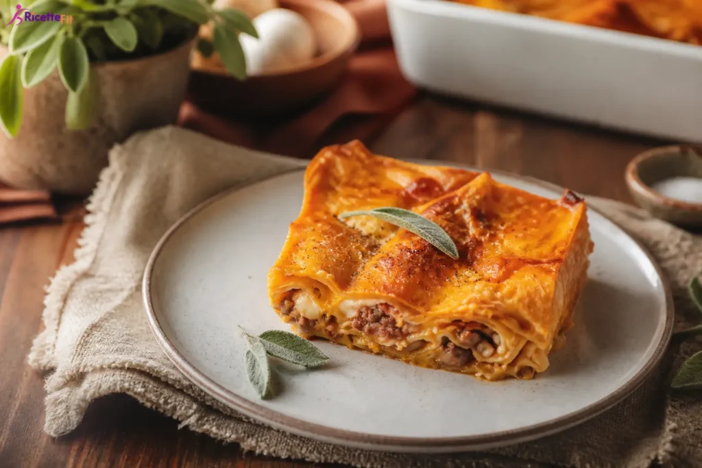 Lasagna vegana con zucca e tofu servita con salvia fresca