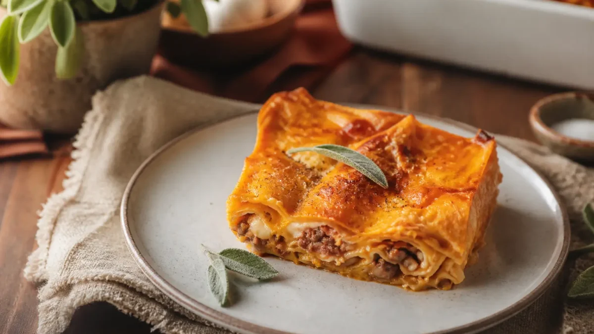 Lasagna vegana con zucca e tofu servita con salvia fresca
