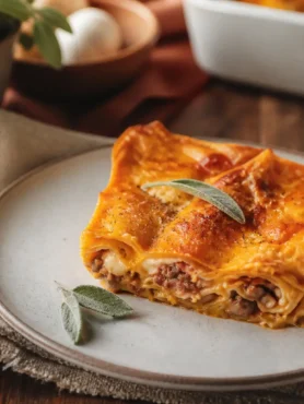 Lasagna vegana con zucca e tofu servita con salvia fresca