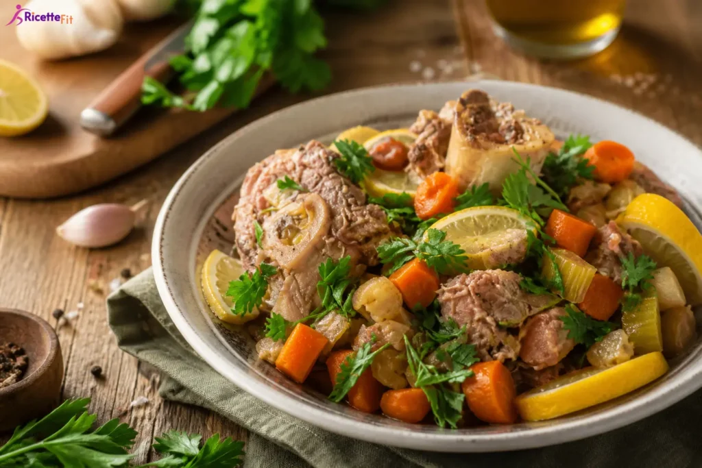 Ossobuco alla birra con verdure, limone e prezzemolo fresco