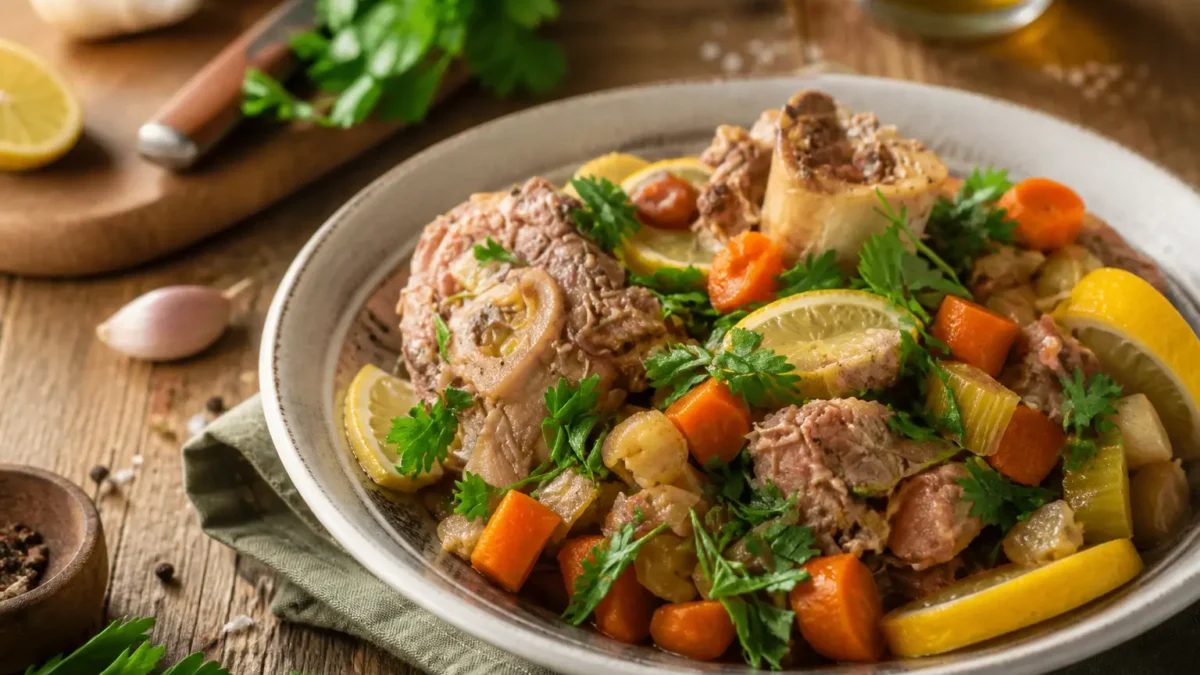 Ossobuco alla birra con verdure, limone e prezzemolo fresco