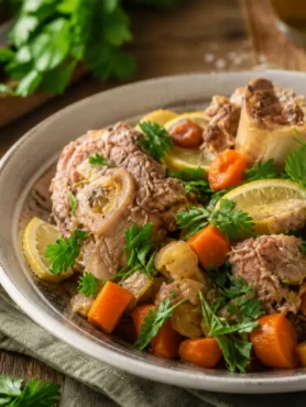 Ossobuco alla birra con verdure, limone e prezzemolo fresco