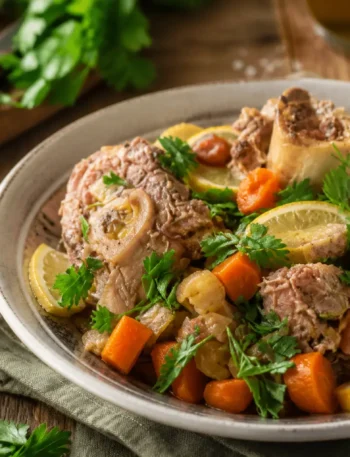 Ossobuco alla birra con verdure, limone e prezzemolo fresco