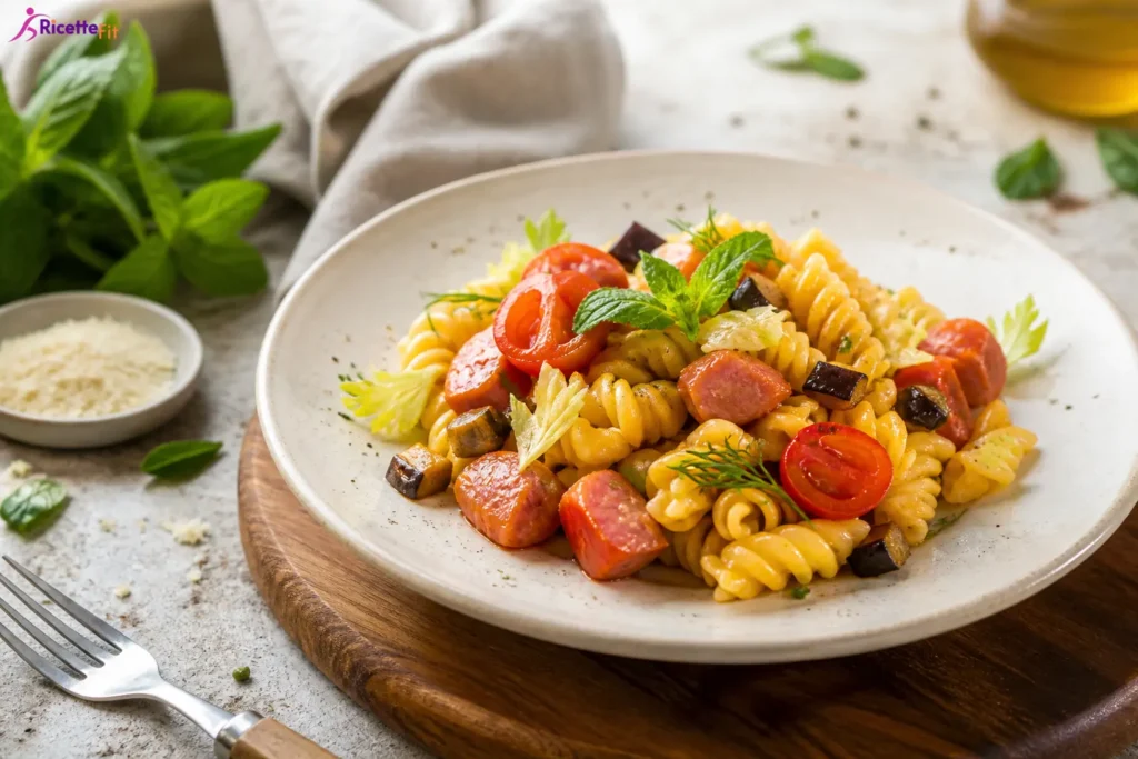 Pasta fredda con tonno, melanzane, pomodorini e primo sale