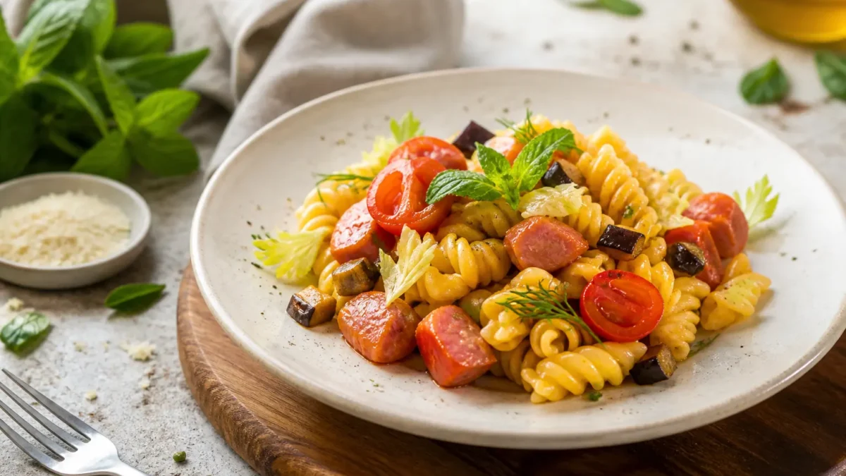 Pasta fredda con tonno, melanzane, pomodorini e primo sale