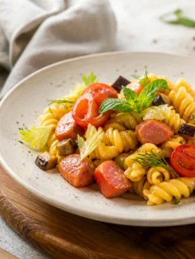 Pasta fredda con tonno, melanzane, pomodorini e primo sale