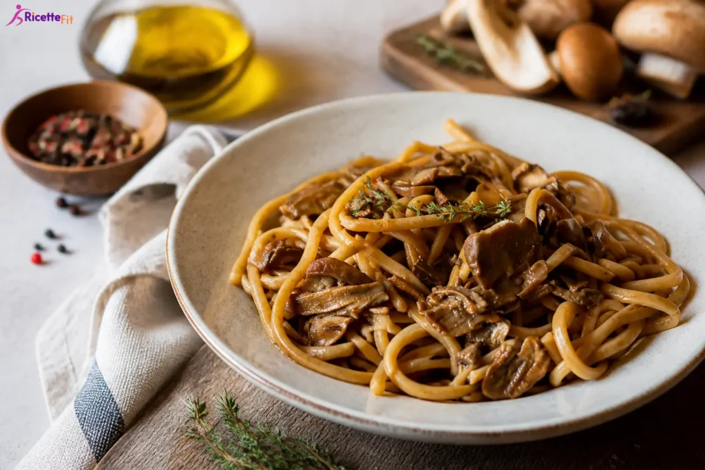 Pasta integrale ai funghi porcini in piatto fondo con timo fresco