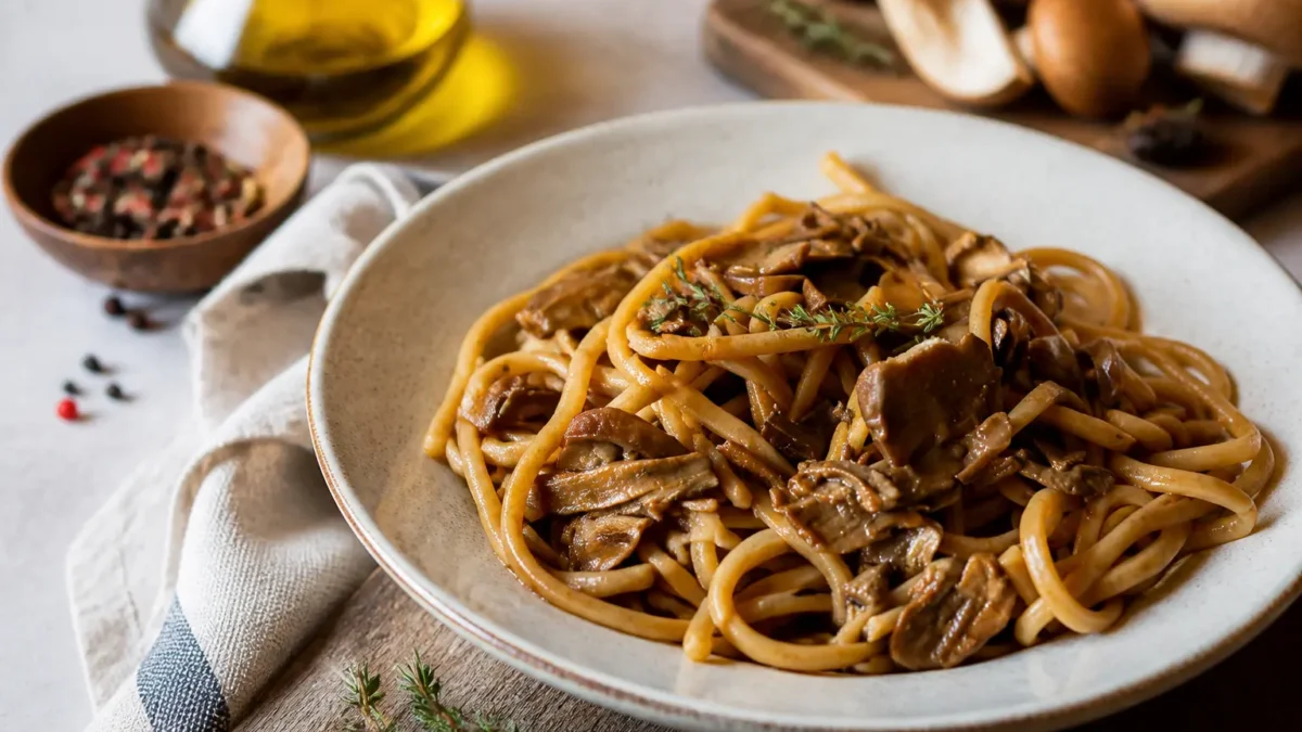 Pasta integrale ai funghi porcini in piatto fondo con timo fresco