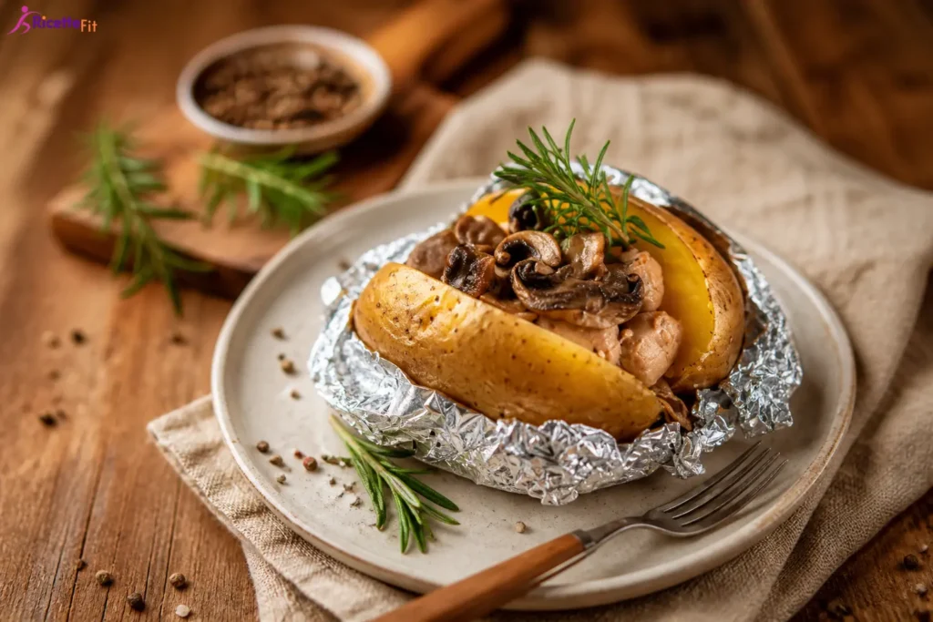 Patate al cartoccio con salsiccia di pollo, funghi champignon e rosmarino