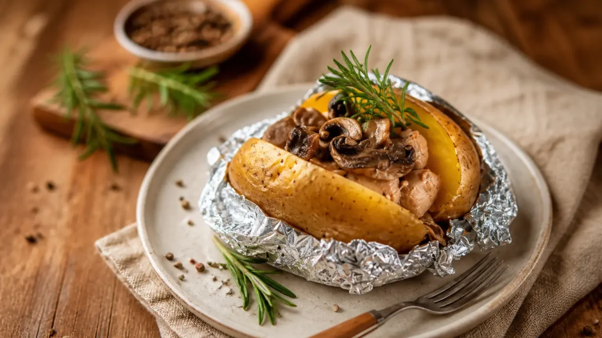 Patate al cartoccio con salsiccia di pollo, funghi champignon e rosmarino
