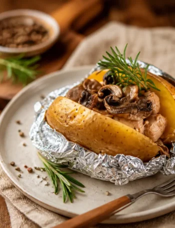 Patate al cartoccio con salsiccia di pollo, funghi champignon e rosmarino