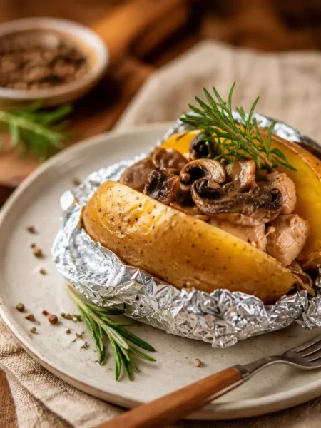 Patate al cartoccio con salsiccia di pollo, funghi champignon e rosmarino