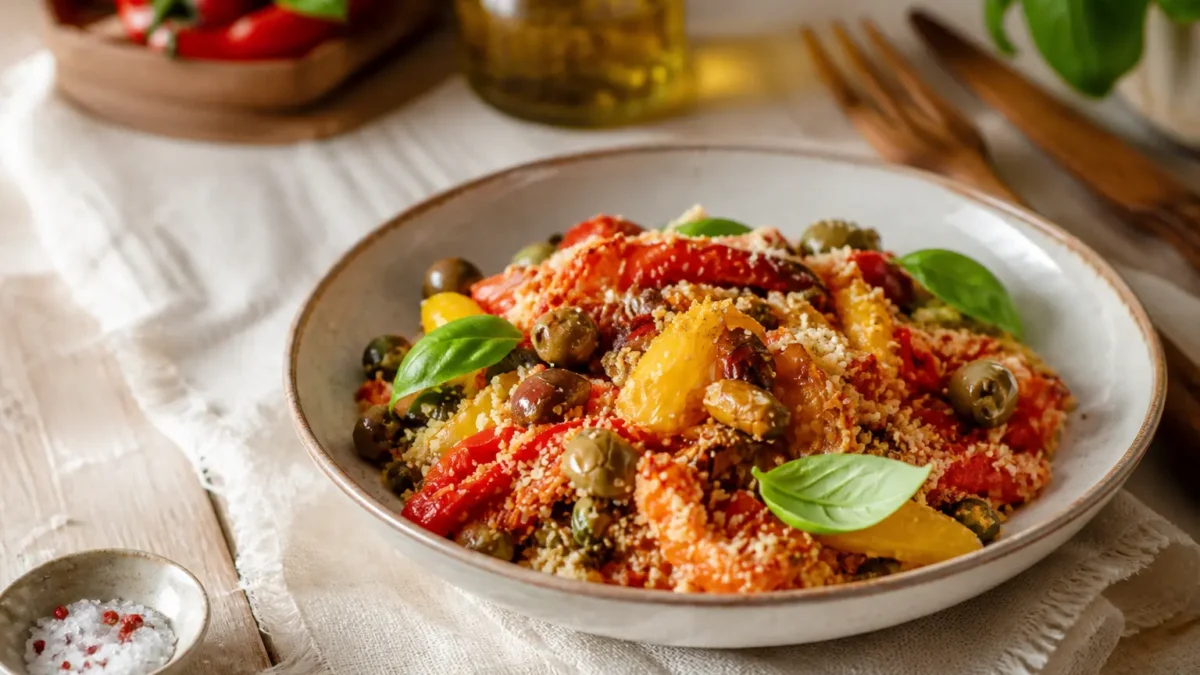 Peperoni gratinati in friggitrice ad aria con olive, capperi e basilico