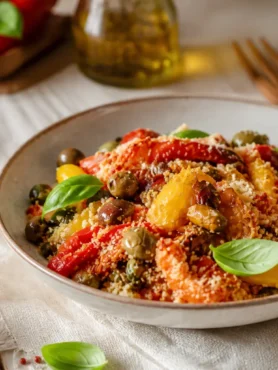 Peperoni gratinati in friggitrice ad aria con olive, capperi e basilico