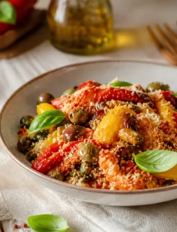 Peperoni gratinati in friggitrice ad aria con olive, capperi e basilico