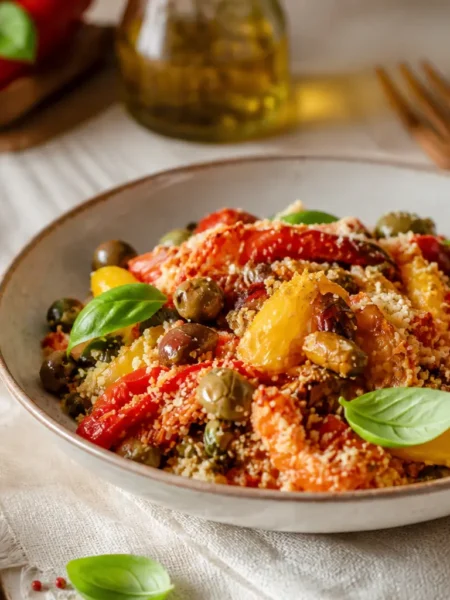 Peperoni gratinati in friggitrice ad aria con olive, capperi e basilico
