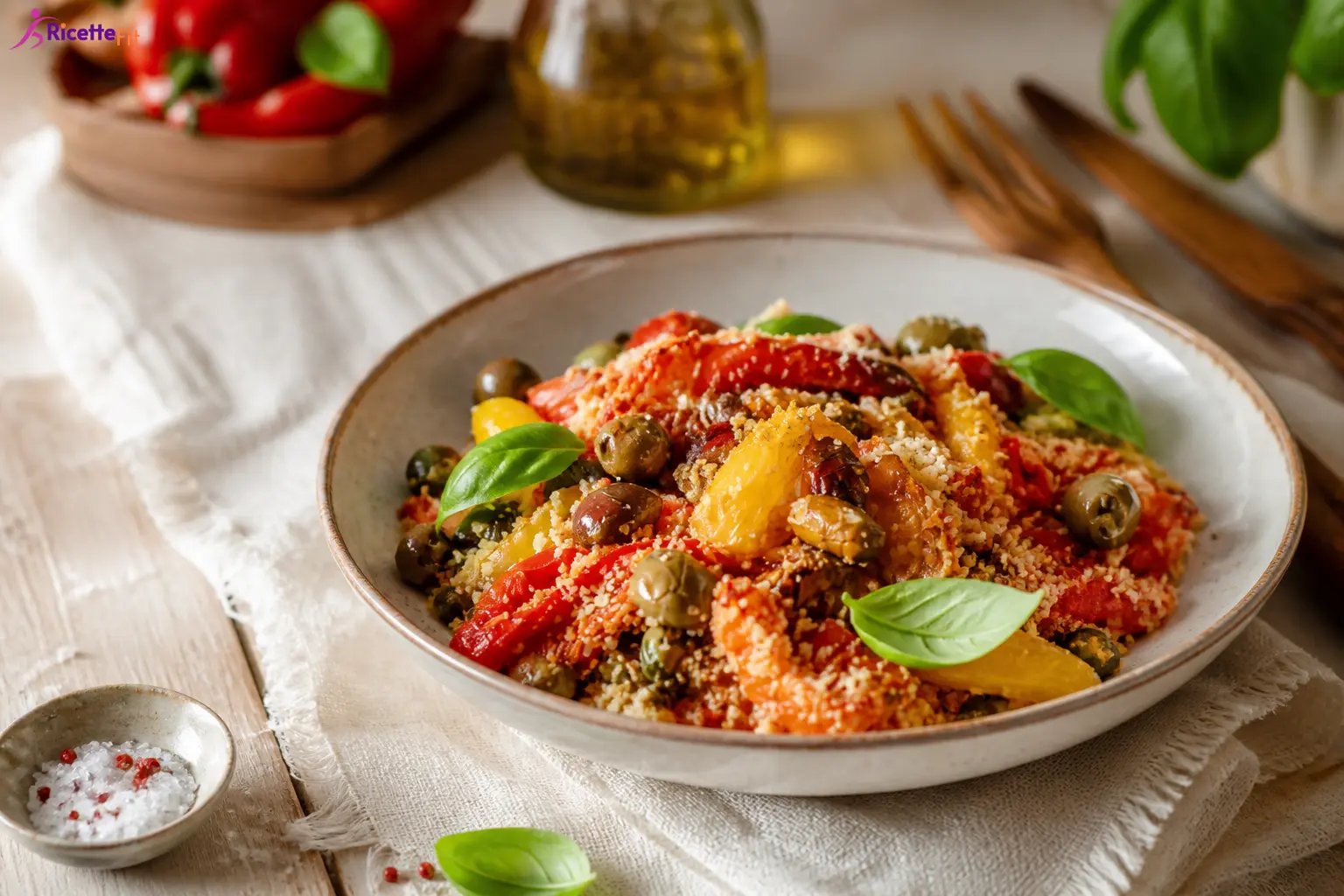 Peperoni gratinati in friggitrice ad aria con olive, capperi e basilico