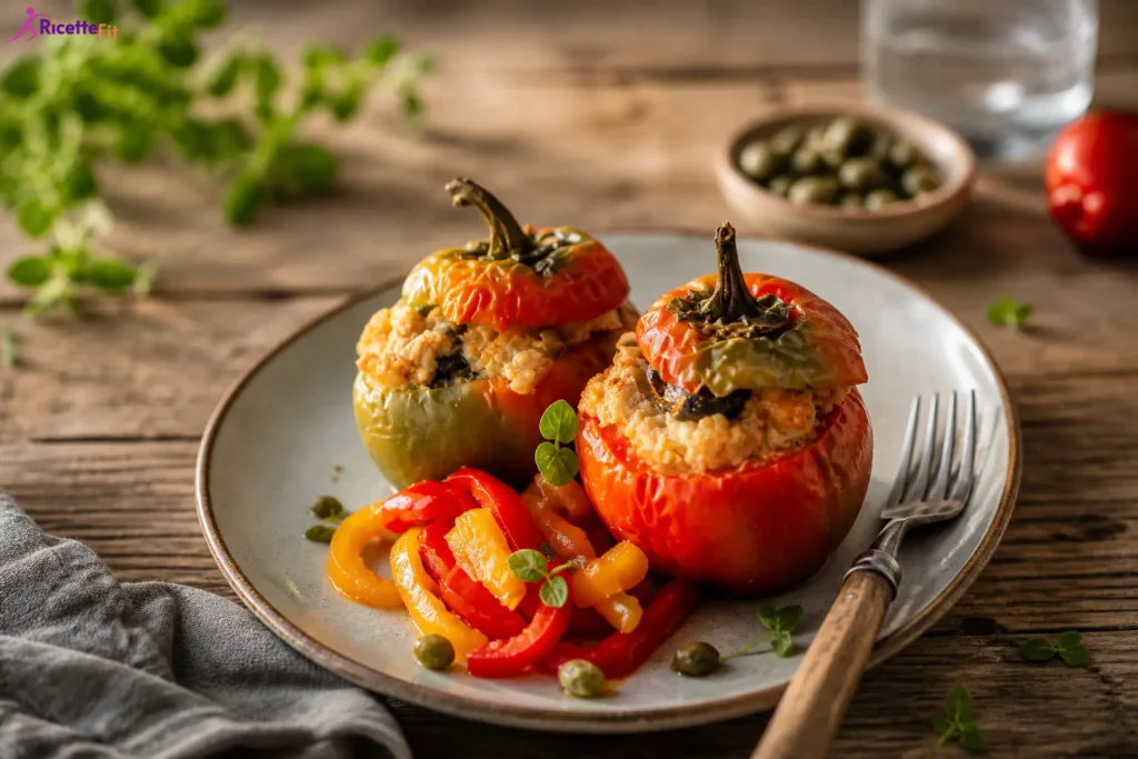 Peperoni ripieni di tonno fit con riso integrale e contorno di peperoni arrostiti