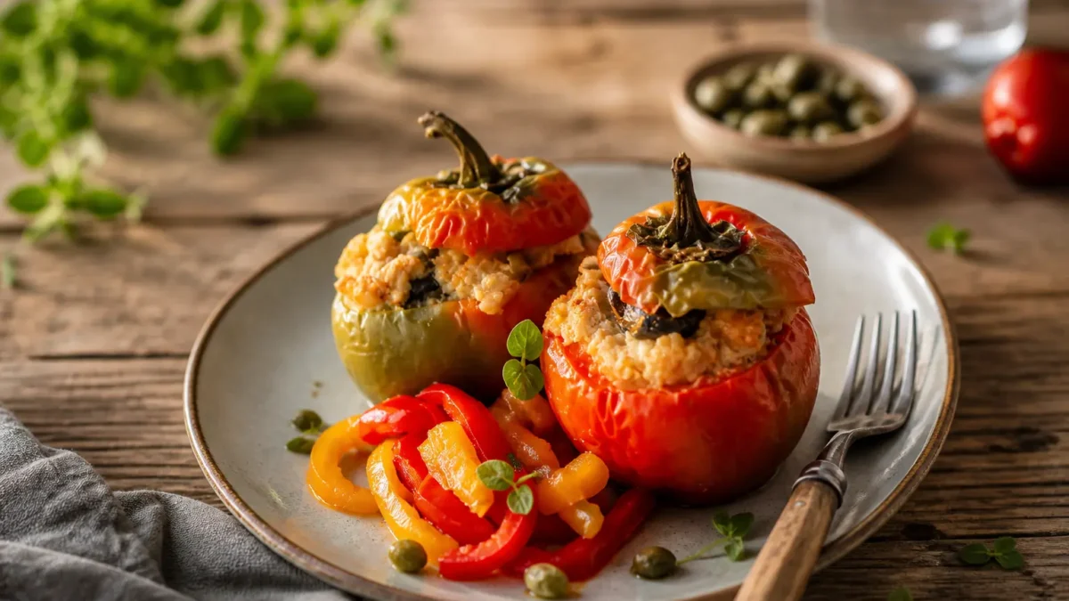 Peperoni ripieni di tonno fit con riso integrale e contorno di peperoni arrostiti