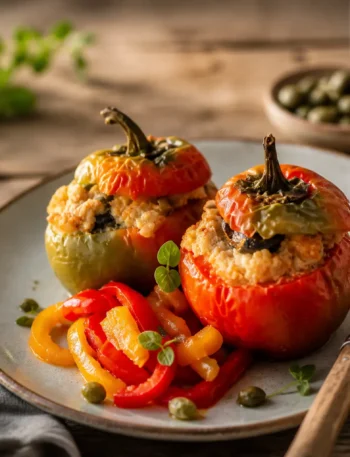 Peperoni ripieni di tonno fit con riso integrale e contorno di peperoni arrostiti