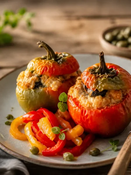 Peperoni ripieni di tonno fit con riso integrale e contorno di peperoni arrostiti