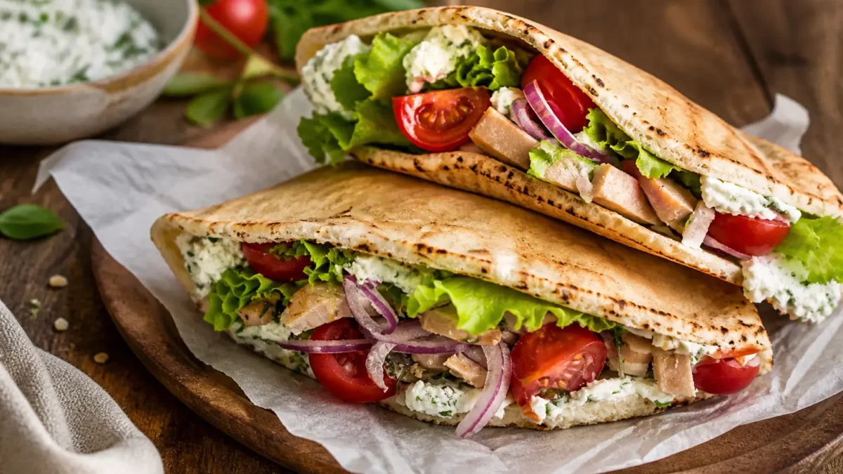 Piadina integrale farcita con caprino, pollo alle erbe, pomodorini, lattuga e cipolla rossa