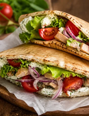 Piadina integrale farcita con caprino, pollo alle erbe, pomodorini, lattuga e cipolla rossa