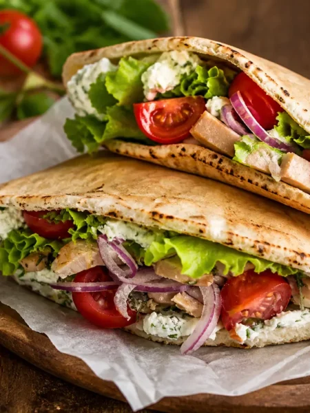 Piadina integrale farcita con caprino, pollo alle erbe, pomodorini, lattuga e cipolla rossa