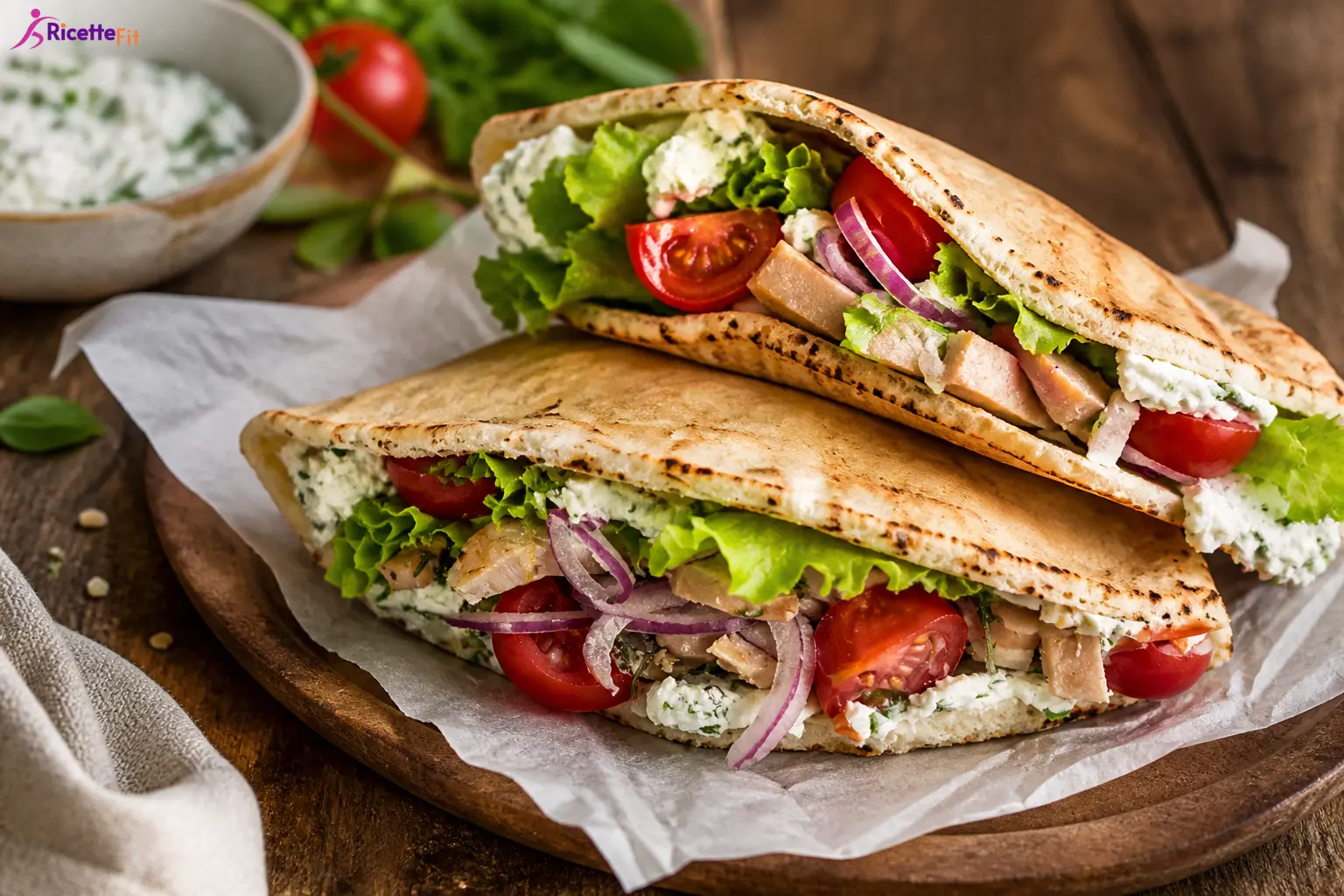 Piadina integrale con caprino, cipolla rossa e pollo alle erbe
