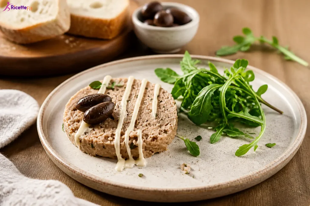 Polpettone di tonno fit con olive taggiasche, salsa leggera e rucola fresca