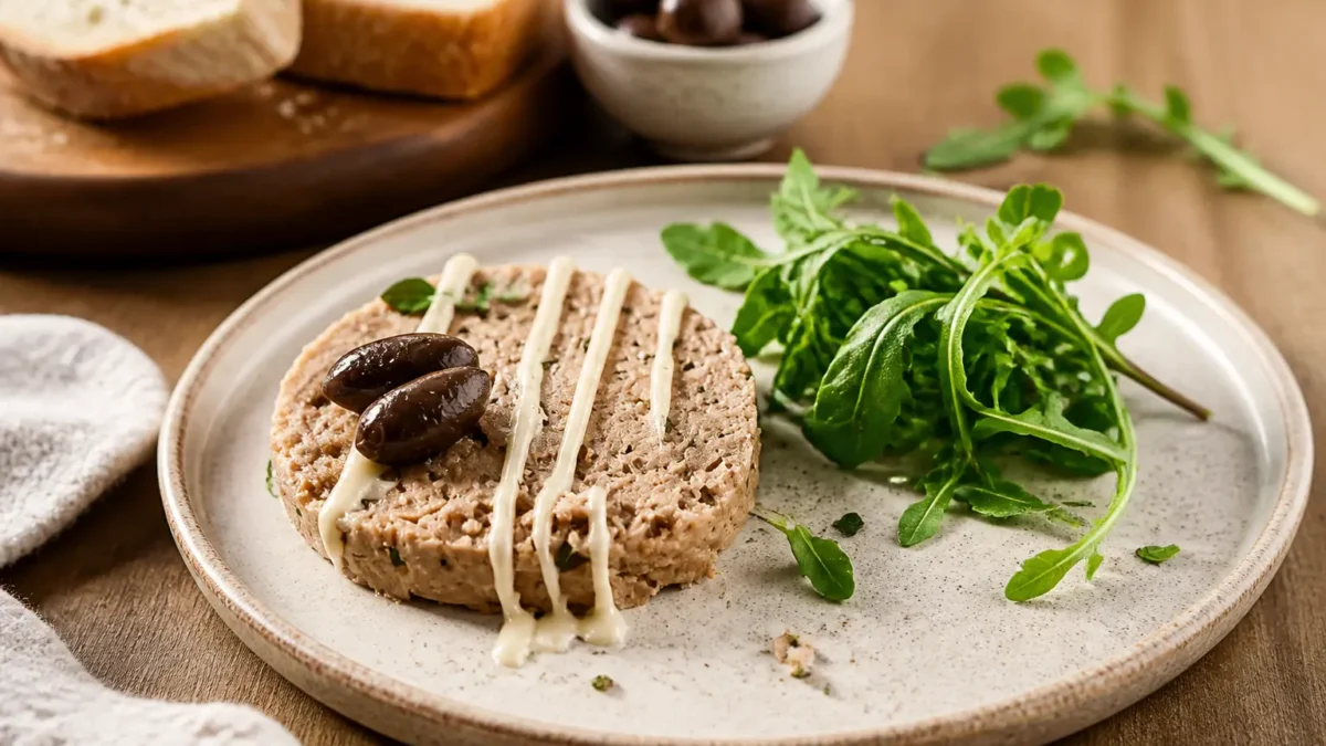 Polpettone di tonno fit con olive taggiasche, salsa leggera e rucola fresca