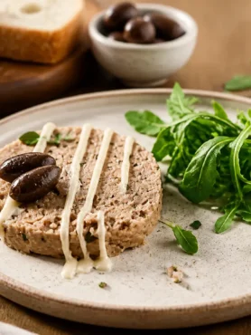 Polpettone di tonno fit con olive taggiasche, salsa leggera e rucola fresca