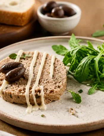Polpettone di tonno fit con olive taggiasche, salsa leggera e rucola fresca