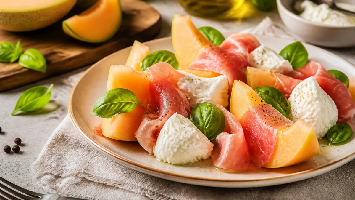 Prosciutto e melone con mozzarella, basilico fresco, olio extravergine e pepe nero