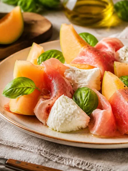 Prosciutto e melone con mozzarella, basilico fresco, olio extravergine e pepe nero
