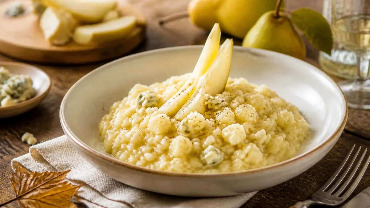 Risotto con pere e gorgonzola cremoso servito in piatto fondo