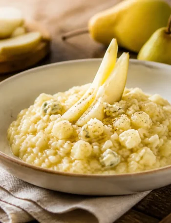 Risotto con pere e gorgonzola cremoso servito in piatto fondo