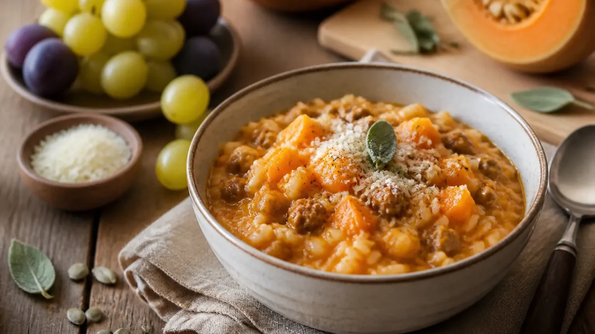 Risotto con zucca, salsiccia di tacchino e stracchino light in ciotola