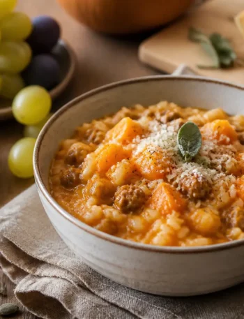 Risotto con zucca, salsiccia di tacchino e stracchino light in ciotola