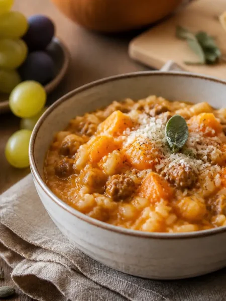 Risotto con zucca, salsiccia di tacchino e stracchino light in ciotola