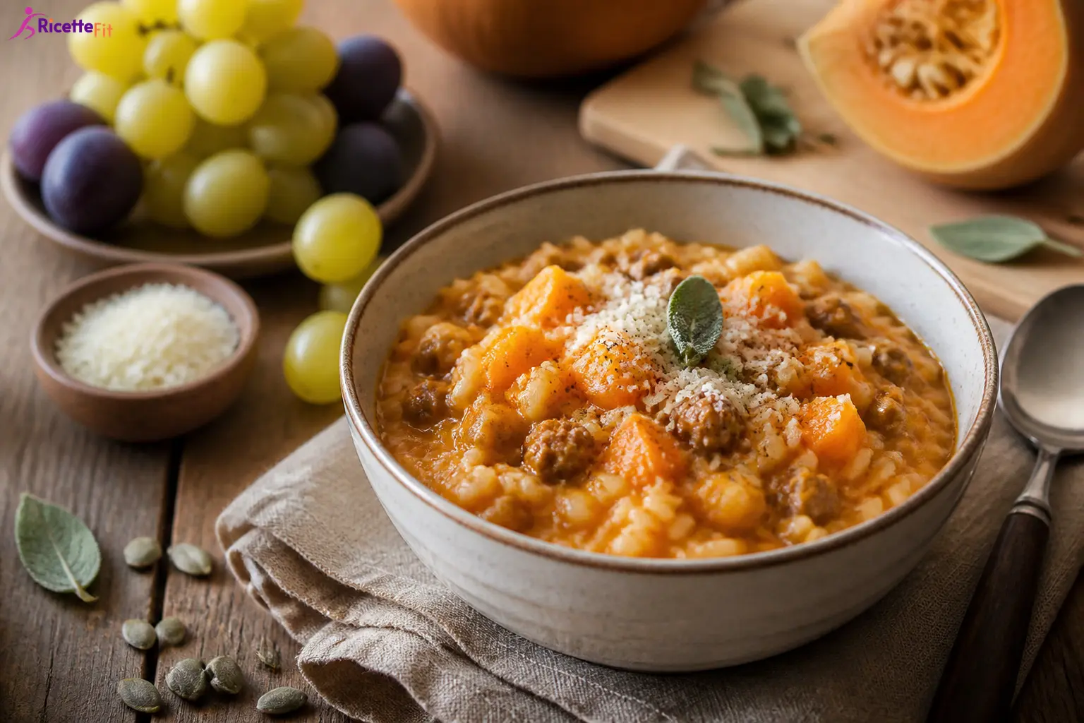 Risotto con zucca, salsiccia di tacchino e stracchino light in ciotola
