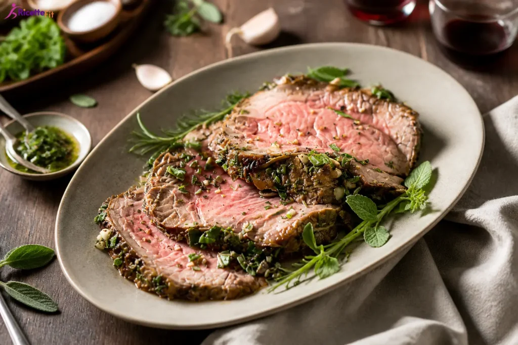 Roast beef in crosta di erbe affettato con cuore rosato