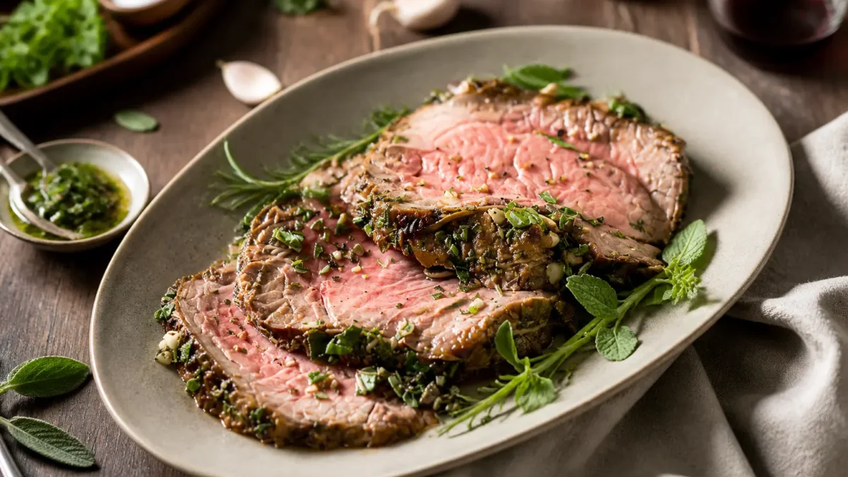 Roast beef in crosta di erbe affettato con cuore rosato
