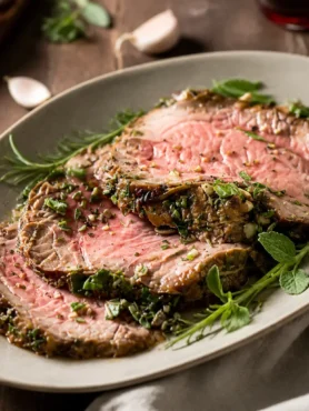 Roast beef in crosta di erbe affettato con cuore rosato