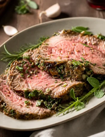 Roast beef in crosta di erbe affettato con cuore rosato