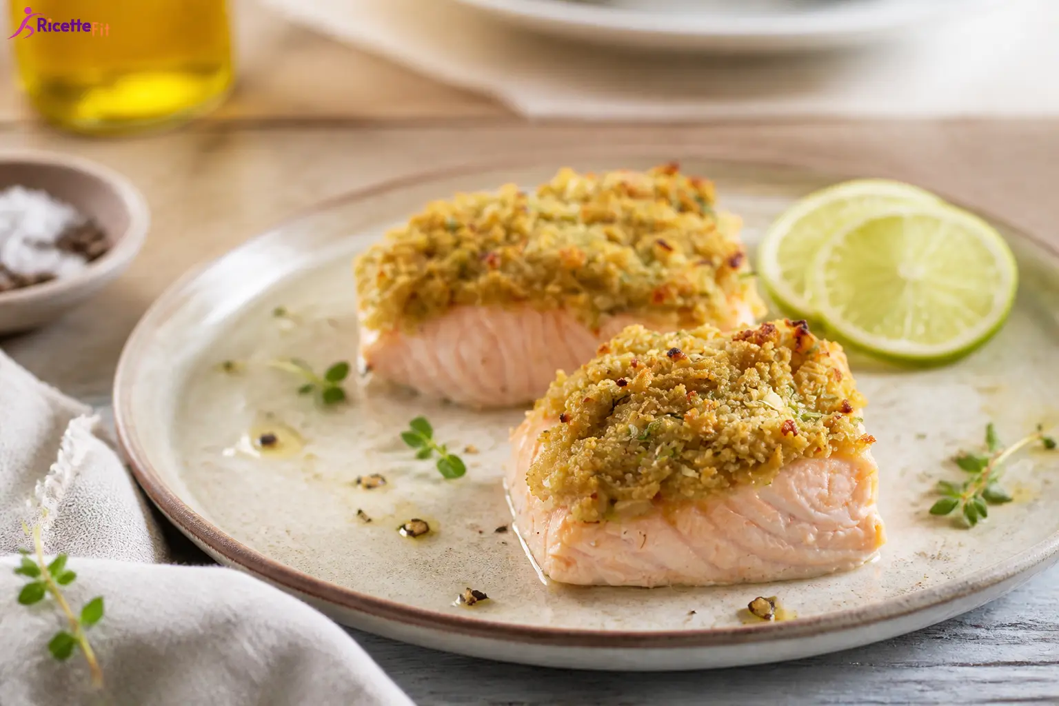 Salmone gratinato allo zenzero con lime e timo