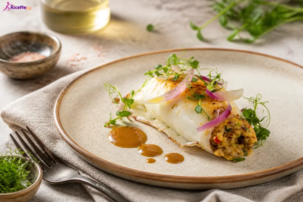 Seppie ripiene al forno con quinoa, cipolla rossa e salsa al limone