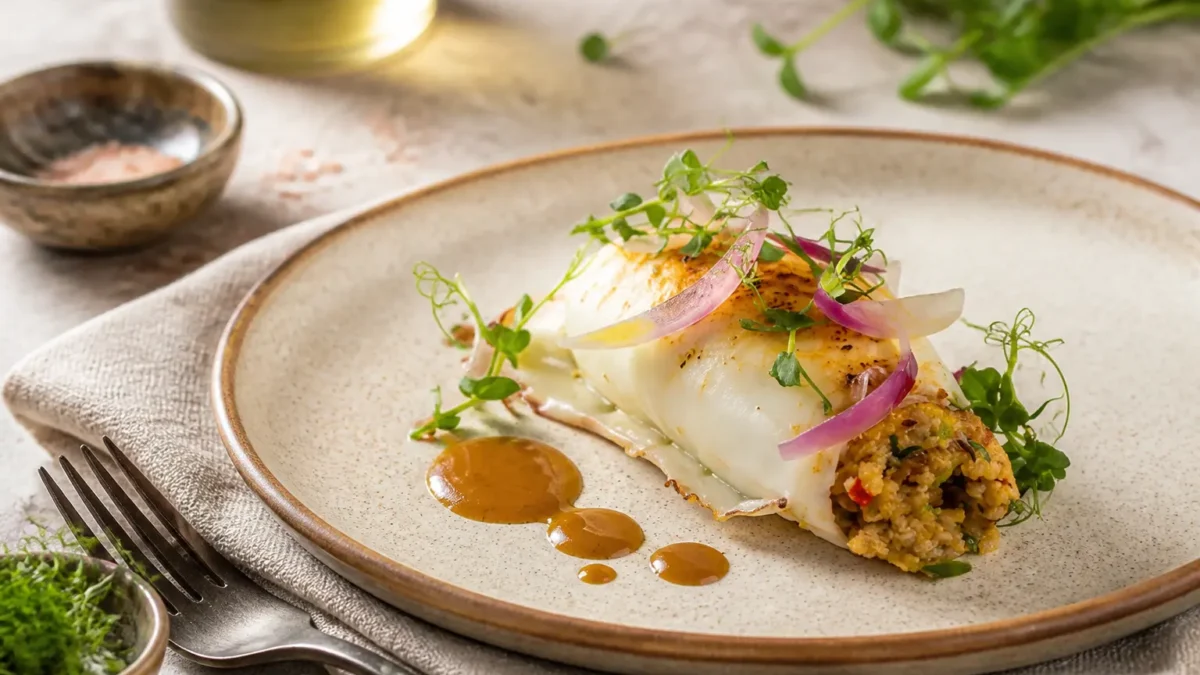 Seppie ripiene al forno con quinoa, cipolla rossa e salsa al limone