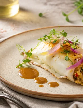 Seppie ripiene al forno con quinoa, cipolla rossa e salsa al limone