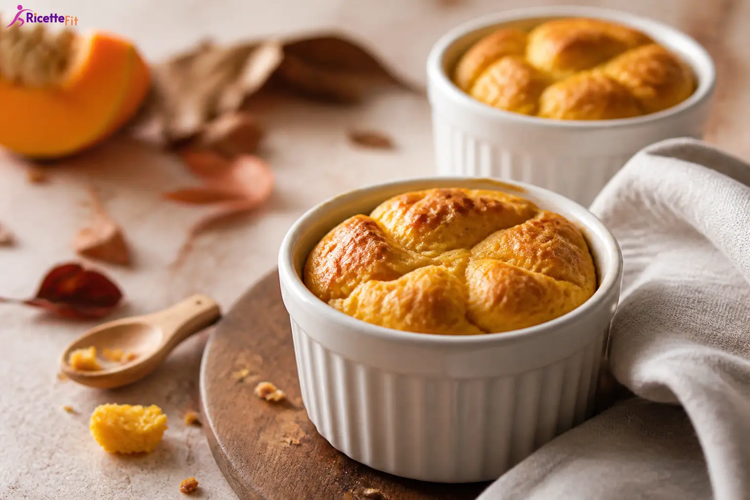 Soufflè di zucca e gorgonzola in ramekin dorati al forno